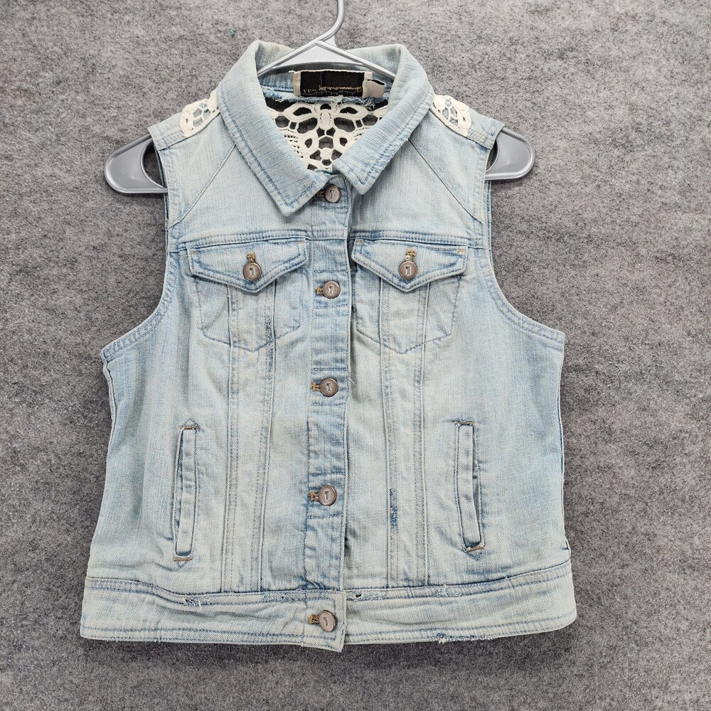Pilcro and the Letterpress Vest Womens Small Sleeveless Blue Denim Crochet